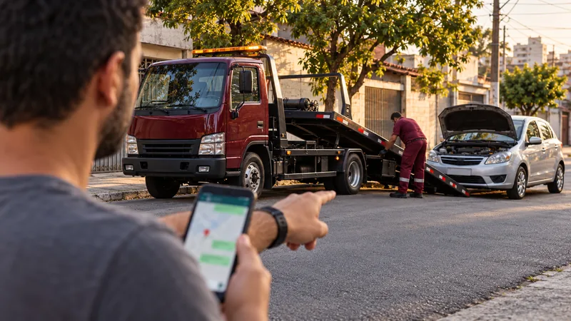 Cena ilustrativa: motorista usando o celular para pedir guincho e informar onde está o carro