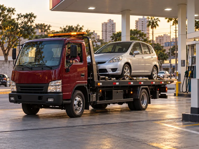 Cena ilustrativa: carro parado sem combustível na rua sendo levado pelo guincho até o posto